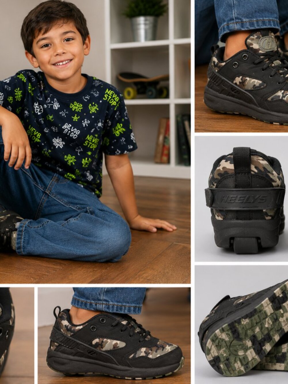 Heelys Camo Roller Shoes Boys Size 2 Black Camouflage Skate Sneakers with Wheels